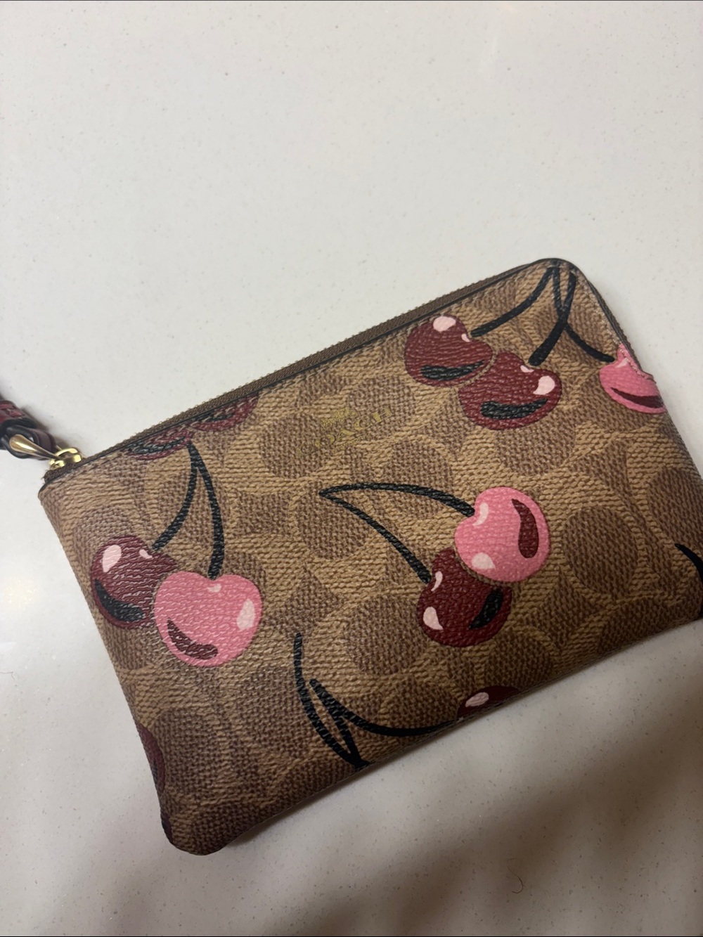 Coach Brown Signature Cherry Print Wristlet Pouch